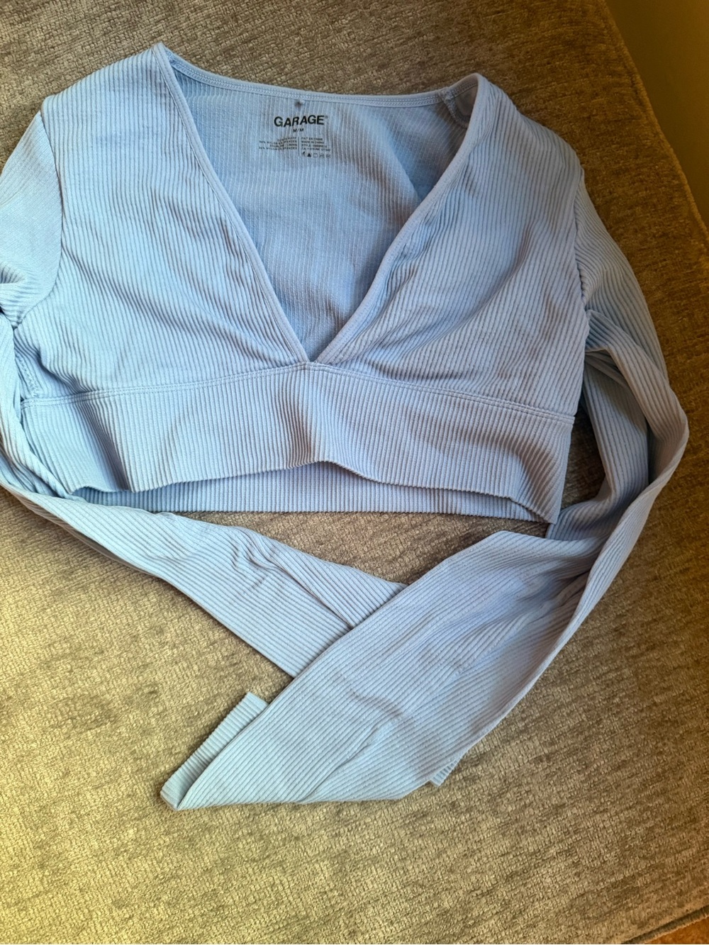Garage Light Blue Ribbed V-Neck Long Sleeve Crop Top